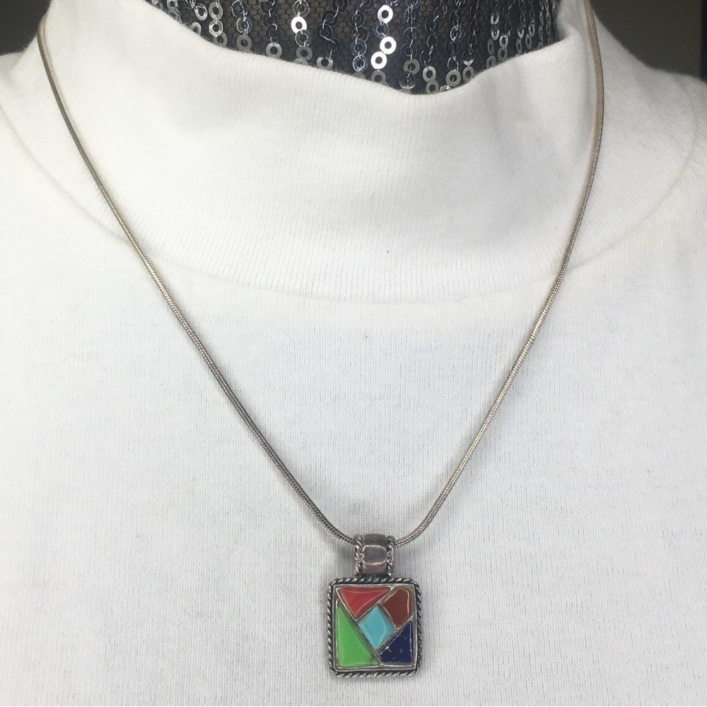 Italy Sterling enamel pendant necklace 17”